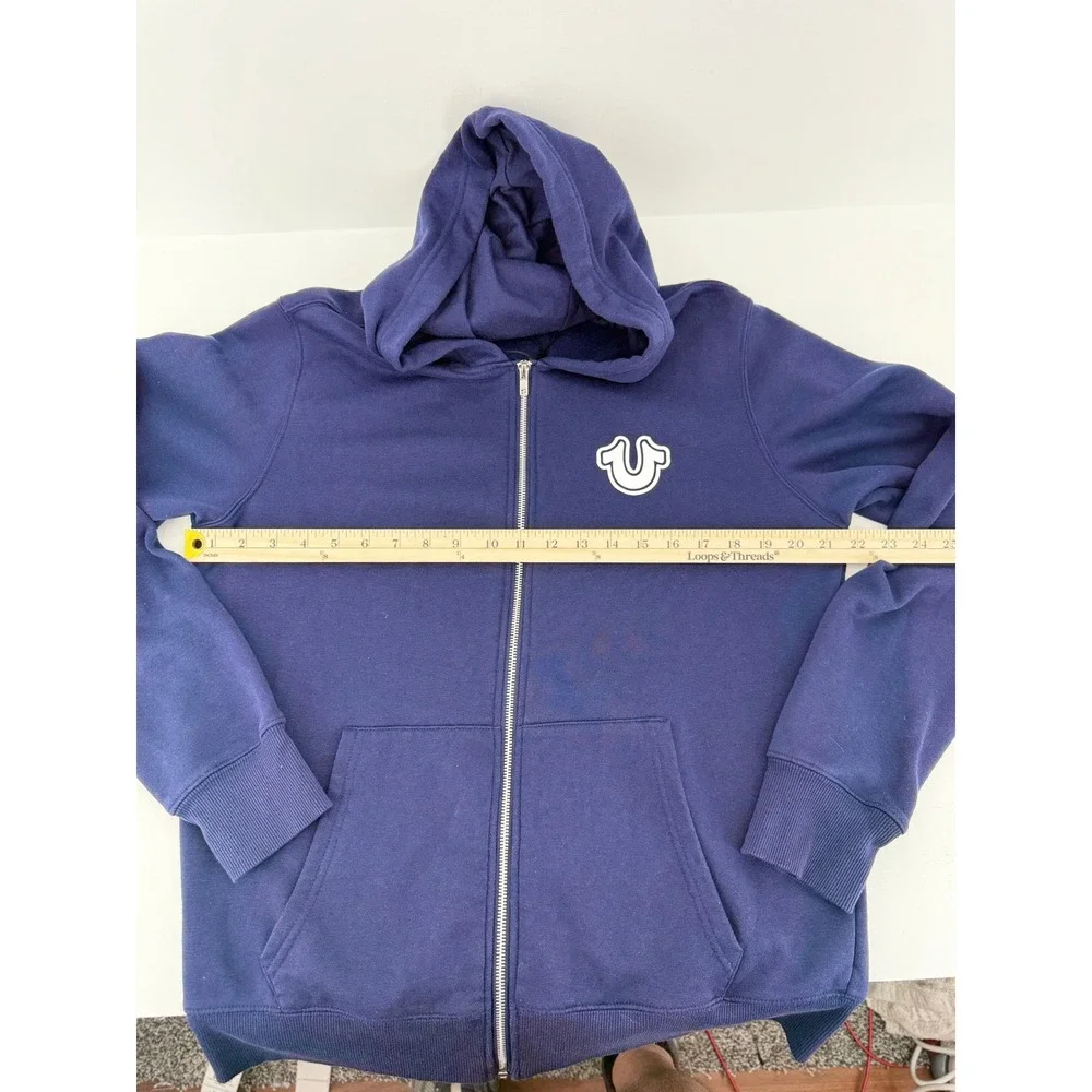 True Religion Zip Hoodie Men XL Navy Blue Good Buddha Graphic Horseshoe Logo New